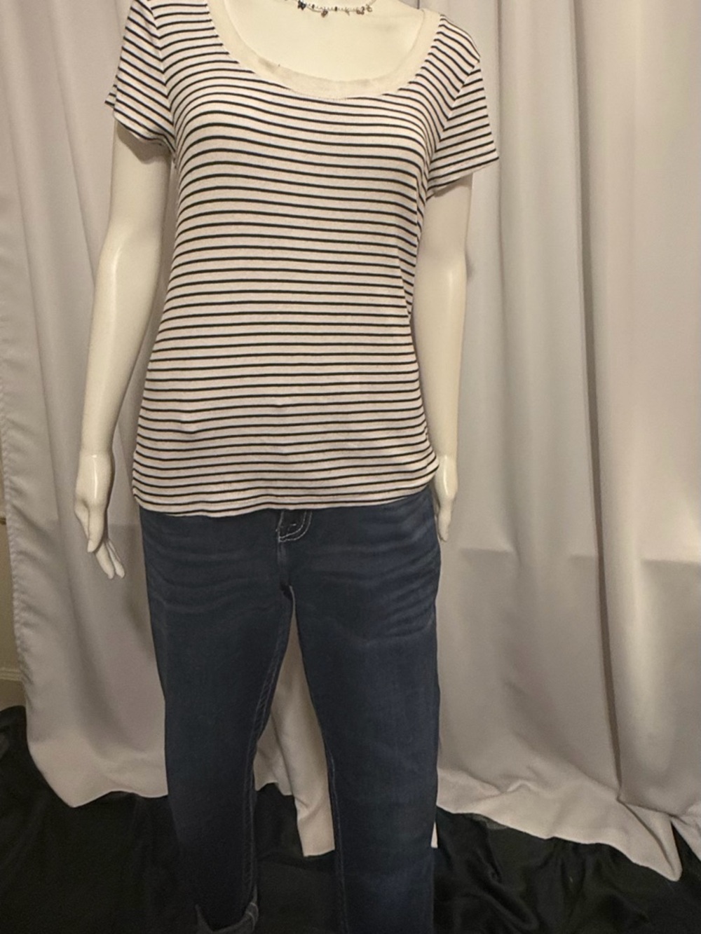 A New Day Ribbed Stripe Scoop Neck Tee - Black & White Breton Striped Shirt - L
